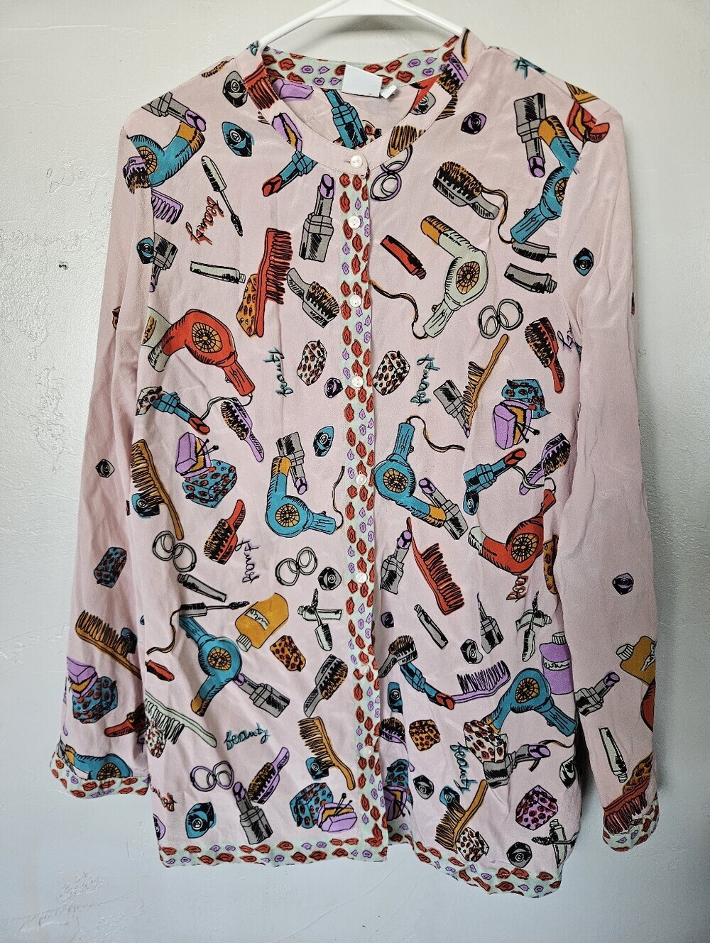 Pink Beauty Tools Hair Stylist Button-Up Blouse 100% Silk Alba Moda Large Cosmo